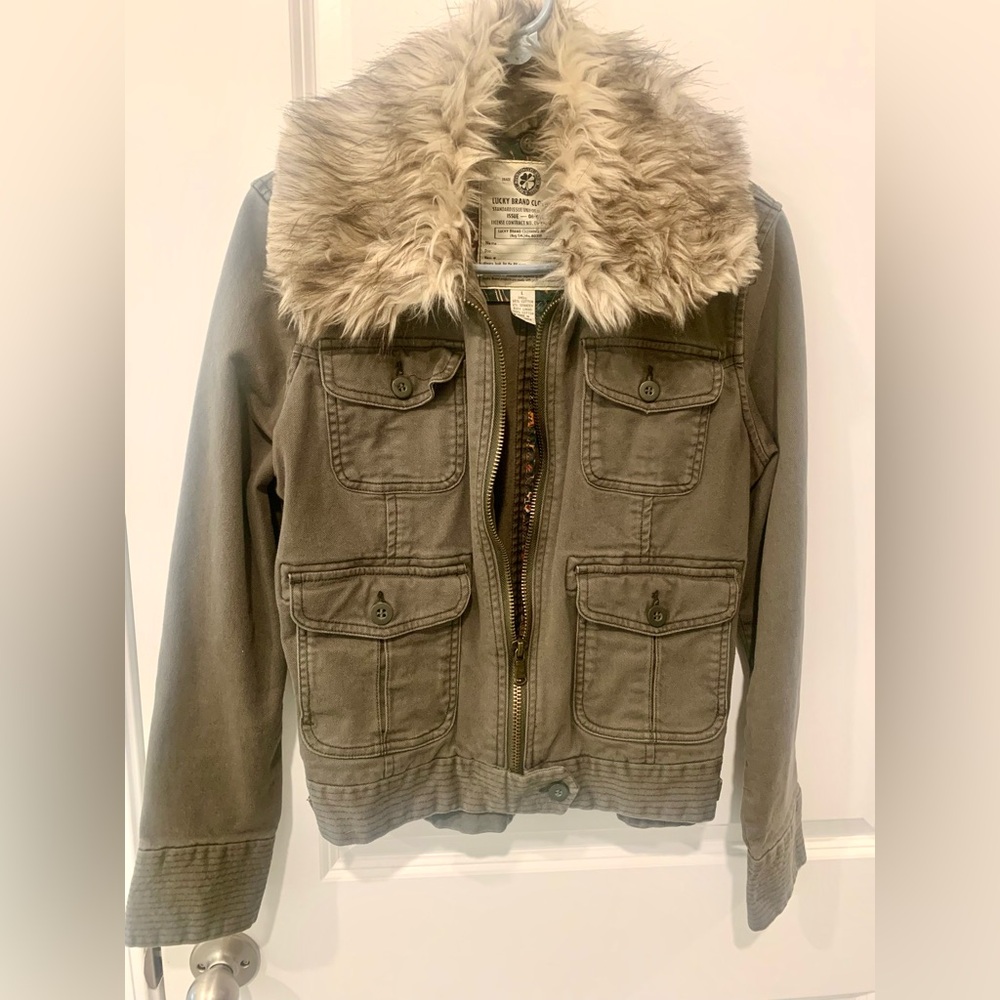 Lucky Brand Olive Green Utility Jacket with Faux Fur Collar